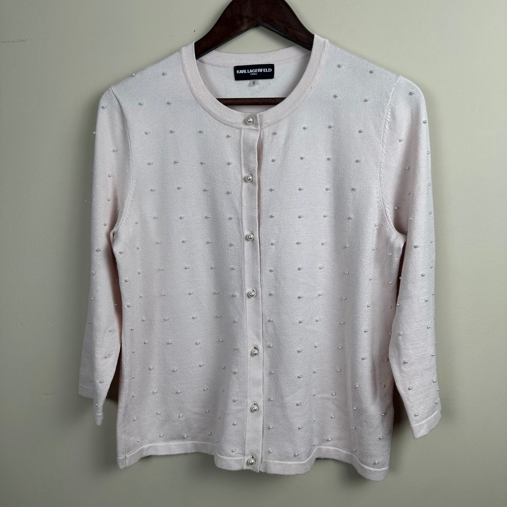 Karl Lagerfeld Paris Women's M Pink Pearl Embellished Cardigan 3/4 Sleeve